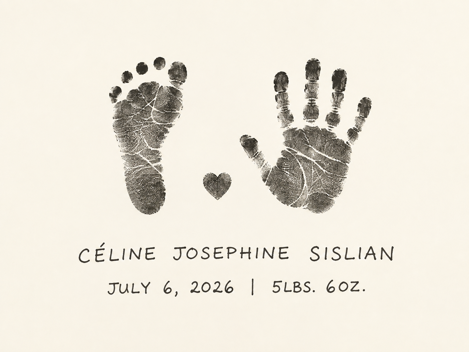 A newborn's footprint and handprint in ink, with the name Céline Josephine Sislian written beneath